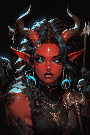 score_9, score_8_up, score_7_up, Fantasy illustration, of a tiefling woman's face, 1girl, tall, muscular body, horns, glowing Blue eye iris, black eye sclera, female focus, standing, solo, colored skin, holding halberd, red skin, (halberd resting on shoulder), tail, (crow sitting on shoulder:1.2), (crow feather clothes ornaments), portrait, black hair, demon, (blank stare), black background, long hair, fantasy art, more detail XL