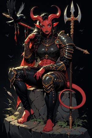 score_9, score_8_up, score_7_up, Fantasy illustration, of a tiefling woman with a halberd, 1girl, tall, muscular body, horns, female focus, solo, colored skin, black leather armor, holding polearm, holding poleaxe, red skin, (polearm resting on shoulder), tail, (crow sitting on shoulder:1.2), barefoot, stirrup_legwear, (crow feather clothes ornaments), full-body portrait, black hair, demon, black background, long hair, fantasy art, more detail XL