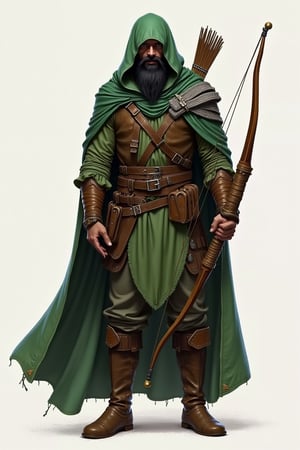 concept art, dnd, character concept, male, human, tall, muscular body, (eyes covered by hood), long green cape, ranger, holding a longbow, leather armor, black beard, fantasy art, full-body shot,Fantasy detailers 