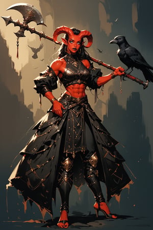 score_9, score_8_up, score_7_up, Fantasy illustration, of a tiefling woman with a halberd, 1girl, tall, muscular body, horns, female focus, standing, solo, colored skin, black leather armor, holding halberd, red skin, (halberd resting on shoulder), tail, (crow sitting on shoulder:1.2), high heels, stirrup_legwear, leather pants, (crow feather clothes ornaments), full-body portrait, black hair, demon, black background, long hair, fantasy art, more detail XL