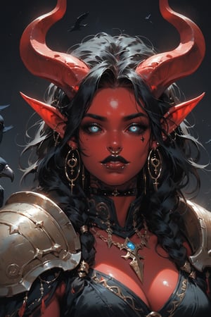 score_9, score_8_up, score_7_up, Fantasy illustration, of a tiefling woman's face, 1girl, tall, muscular body, horns, glowing Blue eye iris, black eye sclera, female focus, standing, solo, colored skin, holding halberd, red skin, (halberd resting on shoulder), tail, (crow sitting on shoulder:1.2), (crow feather clothes ornaments), portrait, black hair, demon, (intimidating gaze), black background, long hair, fantasy art, more detail XL