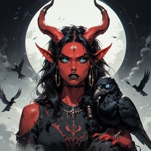 score_9, score_8_up, score_7_up, portrait, concept art, realistic, & concept art, horror (theme), monochrome, fog, realistic, Fantasy illustration, of a tiefling woman's face, 1girl, colored skin, red skin, muscular body, horns, glowing Blue eye iris, black eye sclera, female focus, solo, tail, (crow sitting on shoulder:1.2), black hair, demon, (looking down with disgust), black background, long hair, fantasy art, more detail XL