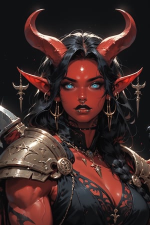 score_9, score_8_up, score_7_up, Fantasy illustration, of a tiefling woman's face, 1girl, tall, muscular body, horns, female focus, standing, solo, colored skin, holding halberd, red skin, (halberd resting on shoulder), tail, (crow sitting on shoulder:1.2), (crow feather clothes ornaments), portrait, black hair, demon, (intimidating gaze), black background, long hair, fantasy art, more detail XL