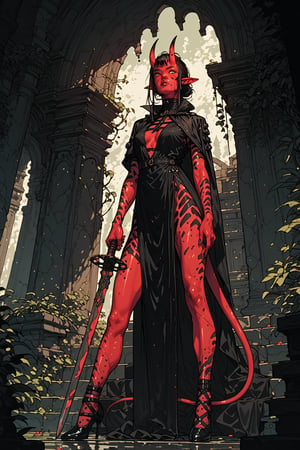 score_9_up, score_8_up, score_7_up, 1girl, solo, Tiefling, pointed ears, colored skin, red skin, black horns, tail, standing, black double slit dress, long black cape, holding longsword, high heels,sinozick style,flat color, dark theme