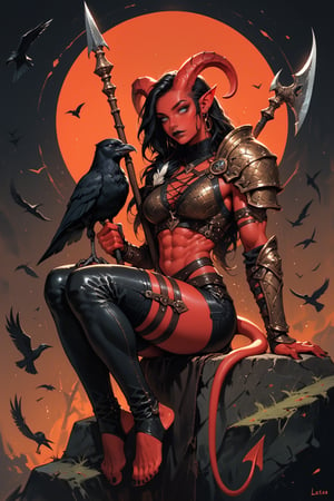 score_9, score_8_up, score_7_up, Fantasy illustration, of a tiefling woman with a halberd, 1girl, tall, muscular body, horns, female focus, solo, colored skin, black leather armor, holding polearm, holding poleaxe, red skin, polearm resting on shoulder, tail, (crow sitting on shoulder:1.2), barefoot, stirrup_legwear, (crow feather clothes ornaments), full-body portrait, black hair, demon, black background, long hair, fantasy art, more detail XL