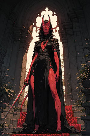 score_9_up, score_8_up, score_7_up, 1girl, solo, Tiefling, pointed ears, colored skin, red skin, black horns, tail, standing, black double slit dress, long black cape, holding longsword, stiletto heels, full body view, sinozick style,flat color, dark theme