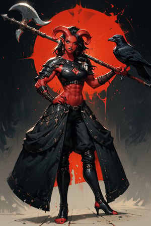 score_9, score_8_up, score_7_up, Fantasy illustration, of a tiefling woman with a halberd, 1girl, tall, muscular body, horns, female focus, standing, solo, colored skin, black leather armor, holding halberd, holding poleaxe, red skin, (halberd resting on shoulder), tail, (crow sitting on shoulder:1.2), heels, stirrup_legwear, leather pants, (crow feather clothes ornaments), full-body portrait, black hair, demon, black background, long hair, fantasy art, more detail XL