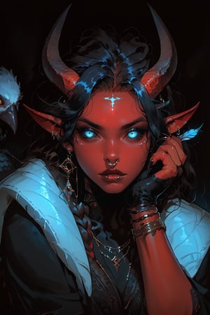 score_9, score_8_up, score_7_up, Fantasy illustration, of a tiefling woman's face, 1girl, tall, muscular body, horns, glowing Blue eye iris, black eye sclera, female focus, solo, colored skin, red skin, (halberd resting on shoulder), tail, (crow sitting on shoulder:1.2), (crow feather clothes ornaments), portrait, black hair, demon, (blank stare), black background, long hair, fantasy art, more detail XL