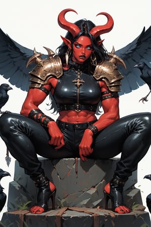 score_9, score_8_up, score_7_up, Fantasy illustration, of a tiefling woman's face, 1girl, tall, muscular body, horns, female focus, standing, solo, colored skin, black leather armor, holding halberd, red skin, (halberd resting on shoulder), tail, (crow sitting on shoulder:1.2), high-heels, stirrup_legwear, leather pants, (crow feather clothes ornaments), face only portrait, black hair, demon, (intimidating gaze), black background, long hair, fantasy art, more detail XL