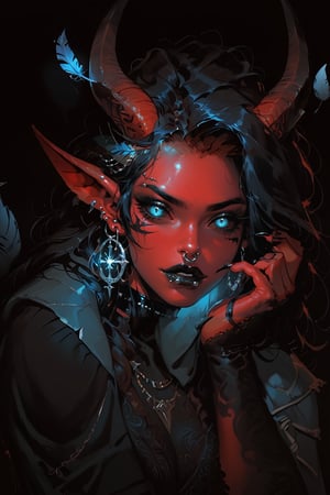 score_9, score_8_up, score_7_up, Fantasy illustration, of a tiefling woman's face, 1girl, tall, muscular body, horns, glowing Blue eye iris, black eye sclera, female focus, solo, colored skin, red skin, (halberd resting on shoulder), tail, (crow sitting on shoulder:1.2), (crow feather clothes ornaments), portrait, black hair, demon, (blank stare), black background, long hair, fantasy art, more detail XL