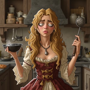 portrait of dissatisfied princess with long disheveled golden hair and perfect figure, perfect hands, in complex medieval dress, in modern kitchen, with ladle, with frying pan, caricature, 3d, high quality, 1024k