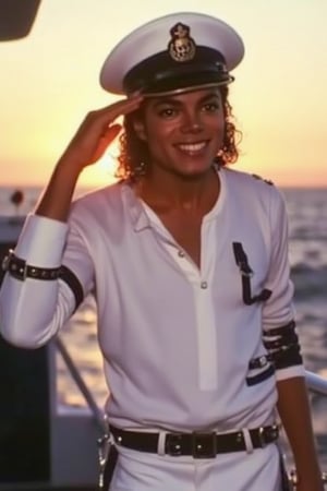 Photo of MJBAD87 Michael Jackson 1987 man  beauty white blue outfit inside ocean navy helmet aboard sailor  sunset looking front saluting smirk happy 4K