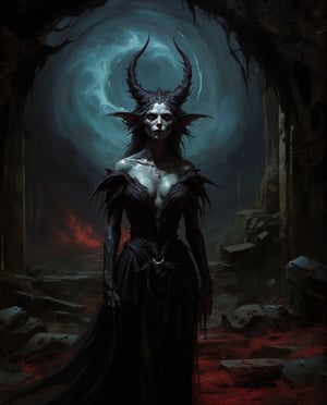 score_9, score_8. masterpiece, spooky image of  succubus (a femaledemon), set in an old abandoned  farmhouse at night, dark foreboding atmosphere, jntsmoscuro, Fantasy detailers 