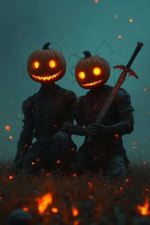 The charming and enigmatic digital illustration features a jack-o-lantern' scarecrow, who looks like a cyborg, kneeling in the middle of a dimly lit and misty field. The characters wear cyberpunk jack-o-lantern head, hiding their identities. Their hands held majestic swords with intricate carvings that emitted dazzling electric currents. The background shows a modern architectural structure—perhaps a cyberpunk Chinese city—bathed in the soft glow of burning embers or floating fireflies. The composition by Hans Darias exudes an eerie atmosphere, skillfully combining warm and cold tones to evoke a palpable sense of tension and expectation.,mostly,kalarcat,soft colors