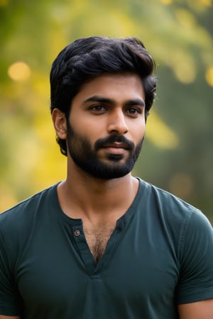 A close-up shot of an Indian man in his mid-twenties, with a warm, golden glow illuminating his features. His jet-black hair falls across his forehead in messy, endearing locks, framing his chiseled jawline. A neatly trimmed beard adorns his chin, accentuating his bright, expressive eyes. His toned physique is showcased from a slightly overhead angle, emphasizing the definition of his muscles as he stands confidently with one hand resting on his hip.