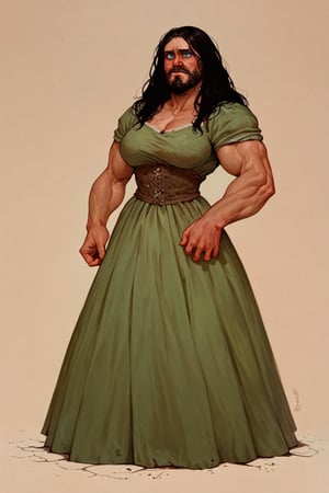 score_9, score_8_up, score_7_up, source_real, BREAK
Full body portrait by Gerald Brom in the style of John Romita, Female hill dwarf sharpshooter, soldier: Thrserd of Kilzack. small size, large head, thick body, Short height, ((broad body)), stocky body, muscular, big breasts, thick short limbs, short legs, 3'6 in height, 125 pounds, deep tan skin, broad face, coarse features, ruddy cheeks, bright Blue eyes, black hair, long hair, short beard. medieval clothing, Simple Tartar woman dress, functional clothing, rough clothing, modest jewelry, dressed in dark somber colors, dressed in muted beige and dull moss. Frowning expression, Dour, taciturn, strong, brave, hard, unyielding. underground,