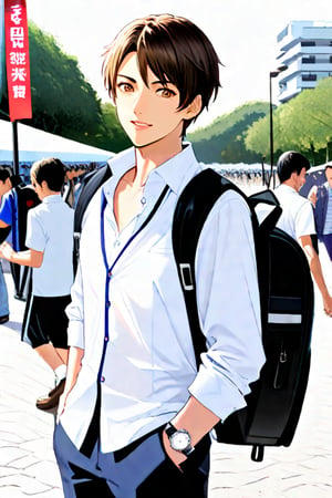 ### Character Description

Kenzo is a 17-year-old male Japanese student who stands about 6 feet tall and has an athletic, well-toned build that reflects his active lifestyle in sports and fitness. His dark brown hair has a clear demarcation near the center ogmf his forehead, giving him a polished look.

His deep brown, almond-shaped eyes exude warmth and charm. Kenzo typically wears a crisp white button-up shirt, often with the top button undone, layered with a fitted navy blue blazer that enhances his tailored appearance. He pairs this with slim-fit chinos in a light beige color and stylish brown loafers, completing his smart-casual look.

To add a touch of sophistication, he wears a simple silver watch on his wrist. Kenzo often carries a sleek backpack filled with books and essentials.

Known for his charismatic and confident demeanor, Kenzo easily draws people in with his charm. He is kind-hearted and approachable, taking the time to engage with those around him, including his young neighbor, who admires him wholeheartedly.

His friendly smile lights up his face, making him even more attractive to others. Kenzo is frequently seen studying outdoors or participating in sports, embodying a balanced lifestyle that combines academics and athletics.

Create a character sheet regarding different camera angles, actions and facial expressions of Kenzo.