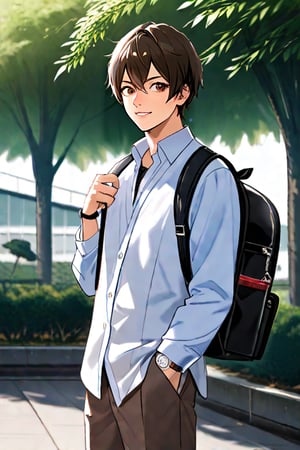 ### Character Description

Kenzo is a 17-year-old male Japanese student who stands about 6 feet tall and has an athletic, well-toned build that reflects his active lifestyle in sports and fitness. His dark brown hair has a clear demarcation near the center ogmf his forehead, giving him a polished look.

His deep brown, almond-shaped eyes exude warmth and charm. Kenzo typically wears a crisp white button-up shirt, often with the top button undone, layered with a fitted navy blue blazer that enhances his tailored appearance. He pairs this with slim-fit chinos in a light beige color and stylish brown loafers, completing his smart-casual look.

To add a touch of sophistication, he wears a simple silver watch on his wrist. Kenzo often carries a sleek backpack filled with books and essentials.

Known for his charismatic and confident demeanor, Kenzo easily draws people in with his charm. He is kind-hearted and approachable, taking the time to engage with those around him, including his young neighbor, who admires him wholeheartedly.

His friendly smile lights up his face, making him even more attractive to others. Kenzo is frequently seen studying outdoors or participating in sports, embodying a balanced lifestyle that combines academics and athletics.

Create a character sheet regarding different camera angles, actions and facial expressions of Kenzo.