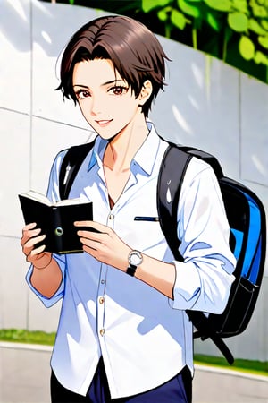 ### Character Description

Kenzo is a 17-year-old male Japanese student who stands about 6 feet tall and has an athletic, well-toned build that reflects his active lifestyle in sports and fitness. His dark brown hair has a clear demarcation near the center ogmf his forehead, giving him a polished look.

His deep brown, almond-shaped eyes exude warmth and charm. Kenzo typically wears a crisp white button-up shirt, often with the top button undone, layered with a fitted navy blue blazer that enhances his tailored appearance. He pairs this with slim-fit chinos in a light beige color and stylish brown loafers, completing his smart-casual look.

To add a touch of sophistication, he wears a simple silver watch on his wrist. Kenzo often carries a sleek backpack filled with books and essentials.

Known for his charismatic and confident demeanor, Kenzo easily draws people in with his charm. He is kind-hearted and approachable, taking the time to engage with those around him, including his young neighbor, who admires him wholeheartedly.

His friendly smile lights up his face, making him even more attractive to others. Kenzo is frequently seen studying outdoors or participating in sports, embodying a balanced lifestyle that combines academics and athletics.

Create a character sheet regarding different camera angles, actions and facial expressions of Kenzo.