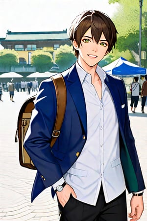 ### Character Description

Kenzo is a 17-year-old male Japanese student who stands about 6 feet tall and has an athletic, well-toned build that reflects his active lifestyle in sports and fitness. His dark brown hair has a clear demarcation near the center ogmf his forehead, giving him a polished look.

His deep brown, almond-shaped eyes exude warmth and charm. Kenzo typically wears a crisp white button-up shirt, often with the top button undone, layered with a fitted navy blue blazer that enhances his tailored appearance. He pairs this with slim-fit chinos in a light beige color and stylish brown loafers, completing his smart-casual look.

To add a touch of sophistication, he wears a simple silver watch on his wrist. Kenzo often carries a sleek backpack filled with books and essentials.

Known for his charismatic and confident demeanor, Kenzo easily draws people in with his charm. He is kind-hearted and approachable, taking the time to engage with those around him, including his young neighbor, who admires him wholeheartedly.

His friendly smile lights up his face, making him even more attractive to others. Kenzo is frequently seen studying outdoors or participating in sports, embodying a balanced lifestyle that combines academics and athletics.

Create a character sheet regarding different camera angles, actions and facial expressions of Kenzo.