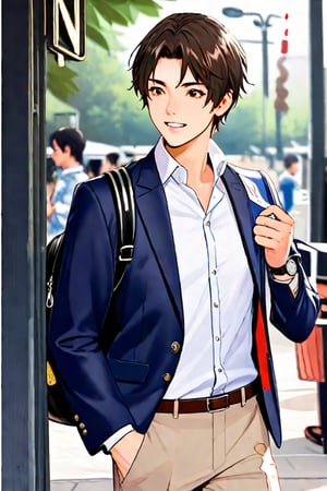 ### Character Description

Kenzo is a 17-year-old male Japanese student who stands about 6 feet tall and has an athletic, well-toned build that reflects his active lifestyle in sports and fitness. His dark brown hair has a clear demarcation near the center ogmf his forehead, giving him a polished look.

His deep brown, almond-shaped eyes exude warmth and charm. Kenzo typically wears a crisp white button-up shirt, often with the top button undone, layered with a fitted navy blue blazer that enhances his tailored appearance. He pairs this with slim-fit chinos in a light beige color and stylish brown loafers, completing his smart-casual look.

To add a touch of sophistication, he wears a simple silver watch on his wrist. Kenzo often carries a sleek backpack filled with books and essentials.

Known for his charismatic and confident demeanor, Kenzo easily draws people in with his charm. He is kind-hearted and approachable, taking the time to engage with those around him, including his young neighbor, who admires him wholeheartedly.

His friendly smile lights up his face, making him even more attractive to others. Kenzo is frequently seen studying outdoors or participating in sports, embodying a balanced lifestyle that combines academics and athletics.

Create a character sheet regarding different camera angles, actions and facial expressions of Kenzo.