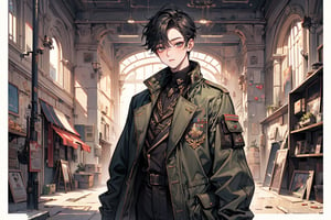 (1boy:1.3), sweets, fantasy color, military jacket, looking_at_viewer, poster design, perfect hip