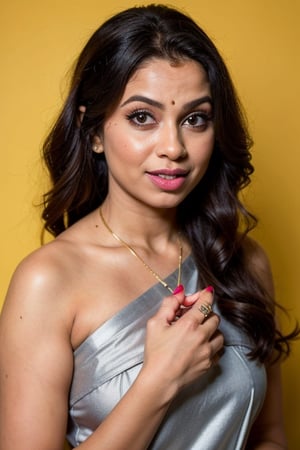 The image is a portrait of a 25year young woman standing against a bright yellow background. She is wearing a grey sleeveless dress and has black hair. The woman is shrugging her shoulders and has a surprised or shocked expression on her face. Her eyes are wide open and her mouth is slightly open, as if she is about to say something. Her right hand is extended out to the side, with her palm facing upwards. The overall mood of the image is one of surprise or excitement.
