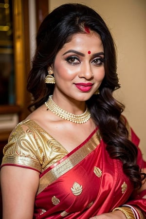 beautiful female teacher, 25 years ,black saree,sexy body fixer 
A beautiful Indian woman in a red and gold bridal outfit, with intricate gold jewelry and a bindi on her forehead. She is posing with a slight smile and her hair is styled in a traditional way. The background is a blurred golden and brown color, suggesting a warm and festive atmosphere. The image should have a high level of detail, with a focus on