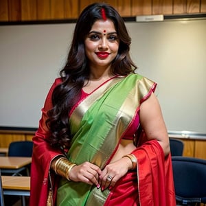 A young Indian woman stands confidently in a well-lit, traditional-style classroom, framed by a simple green chalkboard. She wears a stunning black saree with vibrant red border and delicate gold accents on her blouse. Her bright smile and bold red bindi and lipstick pop against her dark hair styled in loose curls. One hand rests on her hip, while the other is placed on her thigh, exuding self-assurance. The subject's direct gaze engages the viewer, inviting attention to her proud presence.