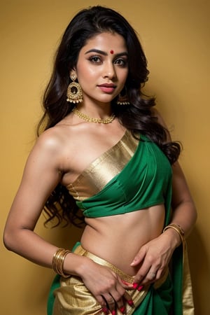 beautiful female , 25 years old, long black_hair, black hair, warm,

The image is a portrait of a young Indian woman wearing a traditional Indian saree. She is wearing a green and gold saree with intricate gold embroidery and embellishments on the blouse and pallu. The saree is draped over her shoulders and she is also adorned with gold bangles and earrings. She has a bindi on her forehead and her hair is styled in loose curls. The woman is posing with one hand on her hip and the other resting on her shoulder. The background is blurred, but it appears to be an indoor setting with plants and a yellow wall. The overall mood of the image is elegant and graceful.