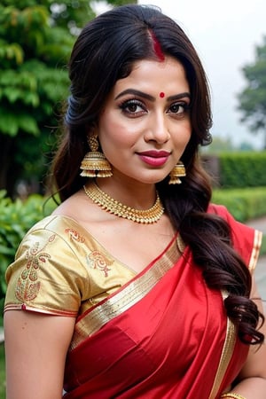 beautiful female , 25 years old,, long black_hair, black hairsexy body fixer 
The image is a portrait of a beautiful Indian woman wearing a traditional red saree. She is wearing a red blouse with gold embroidery and a matching blouse. The saree is draped over her shoulders and she is also wearing a gold necklace and earrings. The woman has her hair styled in a sleek updo with a bindi on her forehead. She has a serious expression on her face and is looking directly at the camera. The background is blurred, but it appears to be an outdoor setting with a stone wall. The overall mood of the image is elegant and traditional.