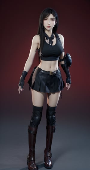 1girl,tifa lockhart,,full body, shoes are riding boots black hair, black skirt, black high legs, red boots,