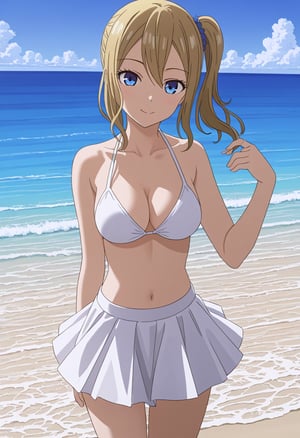 source_anime, ratings_safe, 1girl, Hayasaka Ai, sexy body, looking  at the viewer, anime style, illustration, white bikini, skirt, ocean