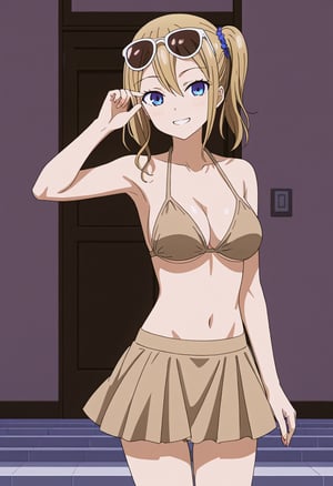 source_anime, ratings_safe, 1girl, Hayasaka Ai, sexy body, looking  at the viewer, anime style, illustration, beige bikini, skirt, sunglasses