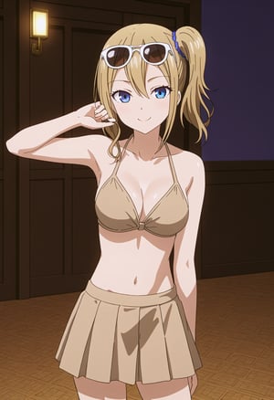 source_anime, ratings_safe, 1girl, Hayasaka Ai, sexy body, looking  at the viewer, anime style, illustration, beige bikini, skirt, sunglasses