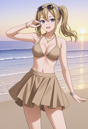 source_anime, ratings_safe, 1girl, Hayasaka Ai, sexy body, looking  at the viewer, anime style, illustration, beige bikini, skirt, sunglasses