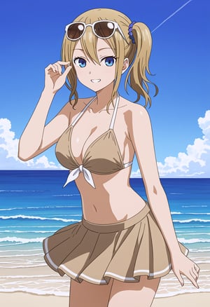 source_anime, ratings_safe, 1girl, Hayasaka Ai, sexy body, looking  at the viewer, anime style, illustration, beige bikini, skirt, sunglasses,sea