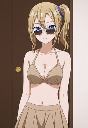 source_anime, ratings_safe, 1girl, Hayasaka Ai, sexy body, looking  at the viewer, anime style, illustration, beige bikini, skirt, sunglasses