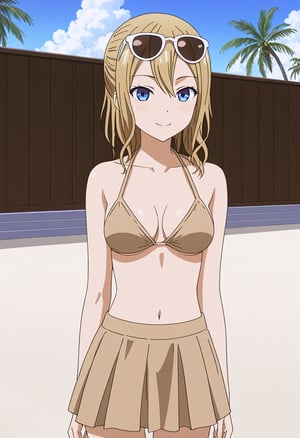 source_anime, ratings_safe, 1girl, Hayasaka Ai, sexy body, looking  at the viewer, anime style, illustration, beige bikini, skirt, sunglasses