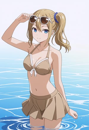 source_anime, ratings_safe, 1girl, Hayasaka Ai, sexy body, looking  at the viewer, anime style, illustration, beige bikini, skirt, sunglasses,water