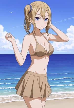 source_anime, ratings_safe, 1girl, Hayasaka Ai, sexy body, looking  at the viewer, anime style, illustration, beige bikini, skirt, ocean