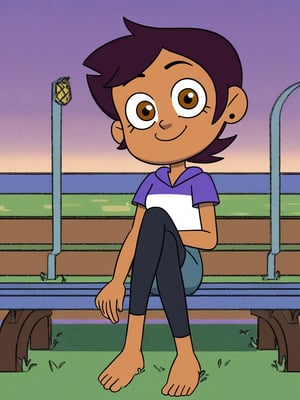 LUZ_NOCEDA, 1girl, looking at viewer, solo, dark brown short hair, purple and white short sleeve, blue shorts, black leggings, barefoot, outdoors, park, by the lake, grass, sidewalk, sitting on the bench, legs crossed, wiggling her toes