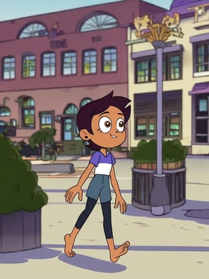 LUZ_NOCEDA, 1girl, solo, dark brown short hair, purple and white short sleeve, blue shorts, black leggings, barefoot, outdoors, buildings, downtown, sidewalk, streets, road, walking