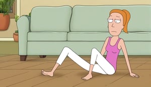 summer.smith,1girl,orange hair,ponytail,solo,pink tank top,white pants,bare feet and toes on the floor,living room,sitting down on the couch,