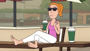 summer.smith,1girl,solo,orange hair,ponytail, solo, pink tank top,white pants,black sunglasses,bare feet and toes,bare soles,toe wiggling,showing her feet,outdoors,coffee shop,sitting down on the white chair,white table,sipping her frappuccino,sipping straw,legs crossed