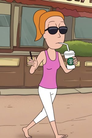 summer.smith,1girl,solo,orange hair,ponytail, solo,pink tank top,white pants,black sunglasses,bare feet and toes,outdoors,coffee shop,walking,sipping her frappuccino,sipping straw,