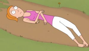 summer.smith,1girl,orange hair,ponytail,solo,pink tank top,white pants,bare feet and toes,outdoors,laying on the grass,:)