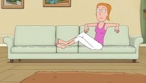 summer.smith,1girl,orange hair,ponytail,solo,pink tank top,white pants,bare feet and toes,living room,sitting down on the couch,legs crossed