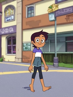 LUZ_NOCEDA, 1girl, looking at viewer, solo, dark brown short hair, purple and white short sleeve, blue shorts, black leggings, barefoot, outdoors, buildings, downtown, sidewalk, streets, road, walking 