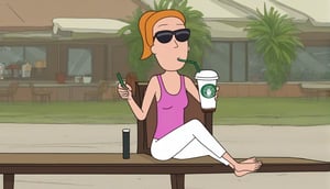 summer.smith,1girl,solo,orange hair,ponytail, solo,pink tank top,white pants,black sunglasses,bare feet and toes,outdoors,coffee shop,sitting down on the white chair,white table,sipping her frappuccino,sipping straw,legs crossed